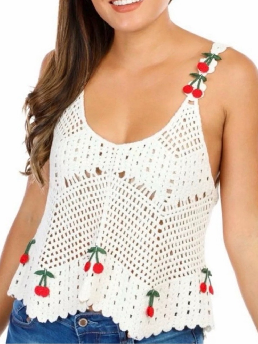 Rebellion Crochet Cherry Crop Top Womens Size S Cream Like New Cottagecore Boho